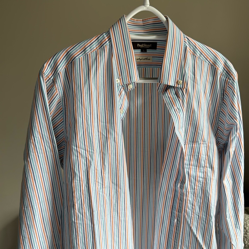 Paul Stuart Style Shirt, blue green orange stripes